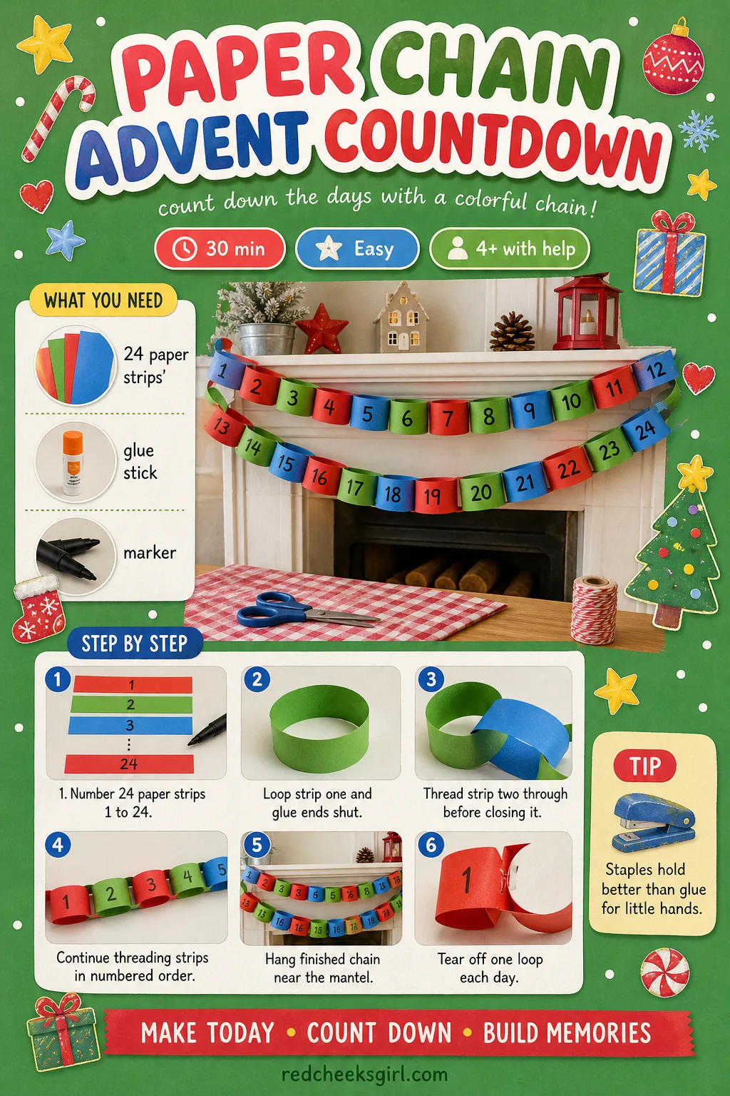 Paper Chain Advent Countdown Craft Card printable sheet. Christmas paper crafts