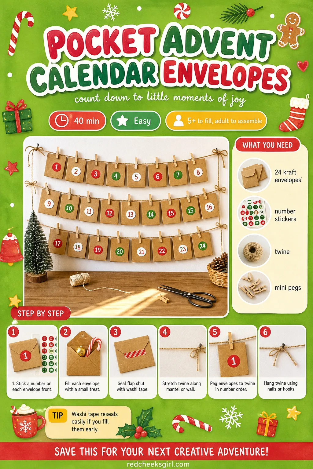Pocket Advent Calendar Envelopes Craft Card printable sheet. Christmas paper crafts
