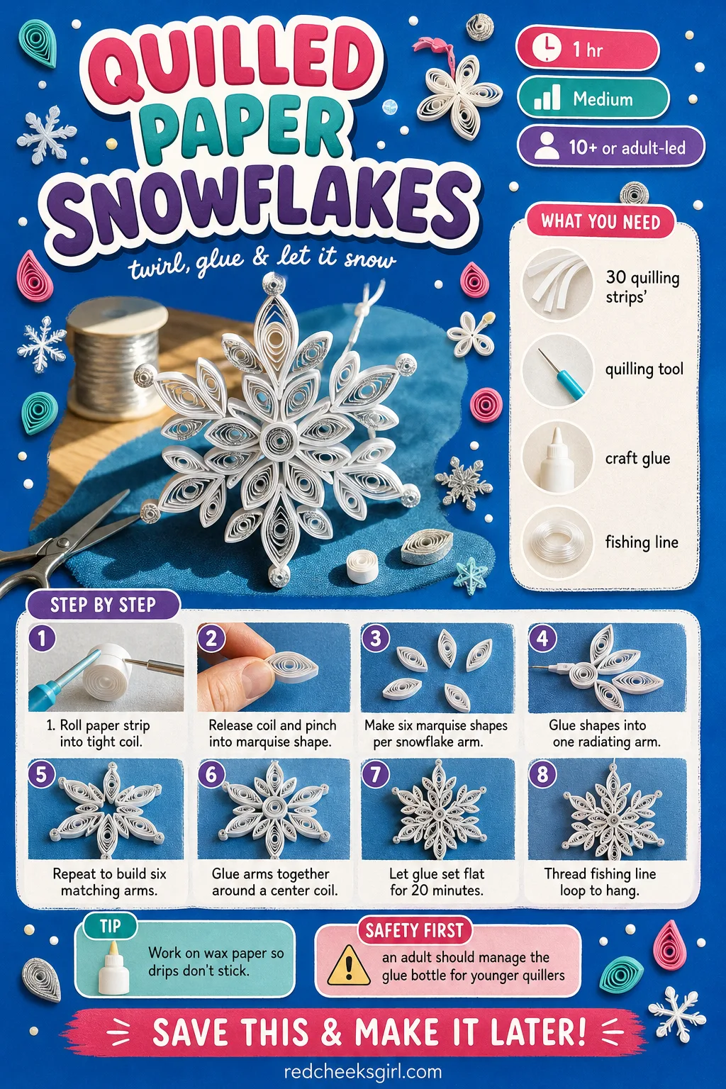 Quilled Paper Snowflakes Craft Card printable sheet. Christmas paper crafts