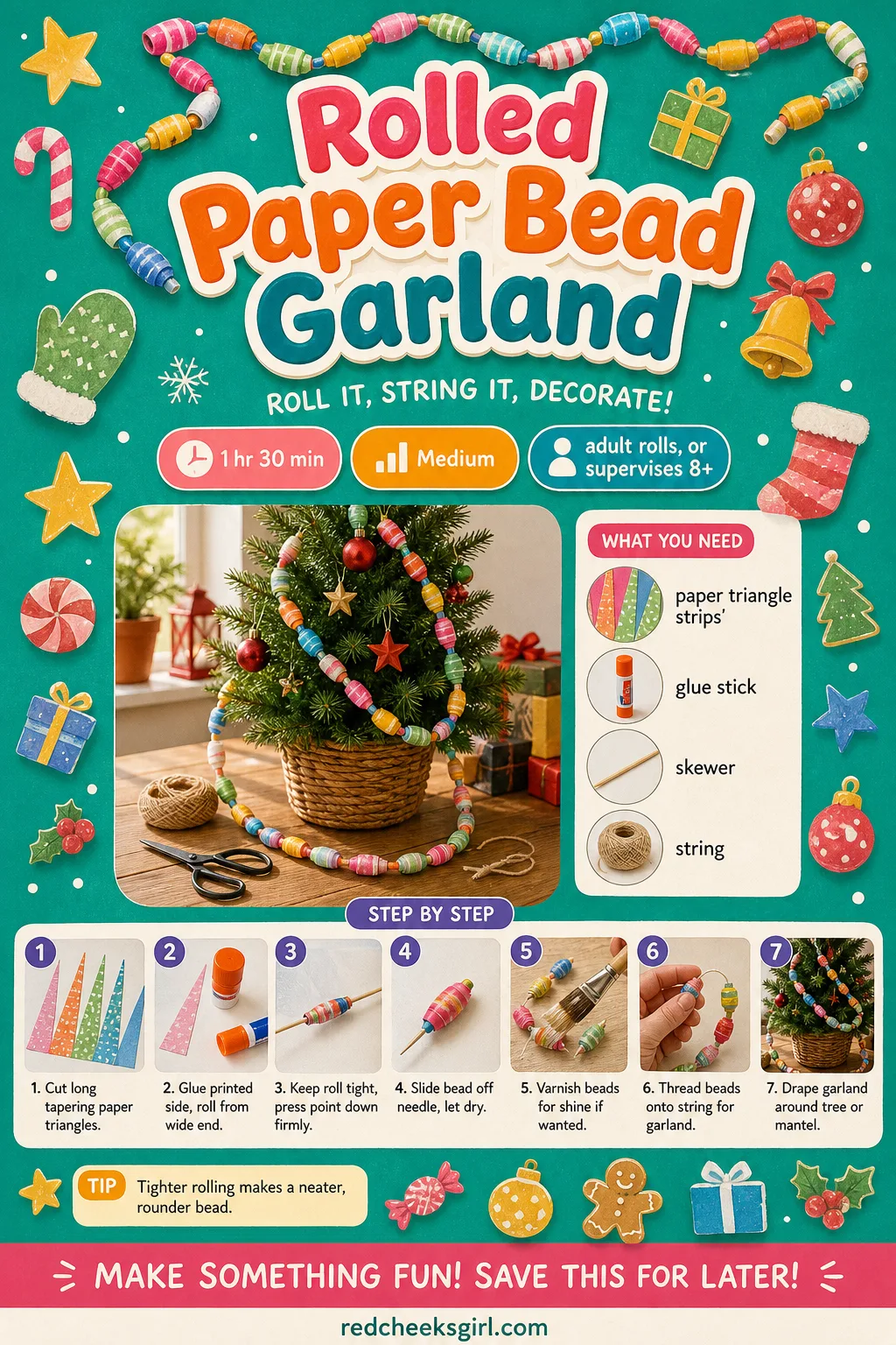 Rolled Paper Bead Garland Craft Card printable sheet. Christmas paper crafts