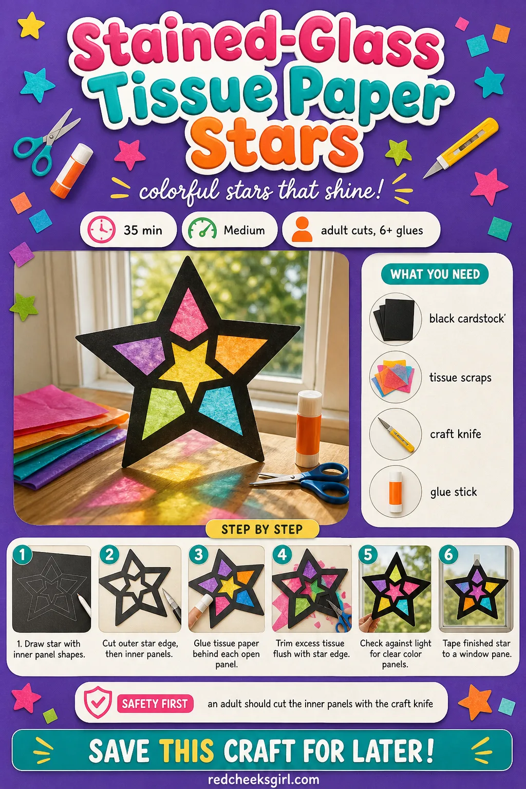Stained-Glass Tissue Paper Stars Craft Card printable sheet. Christmas paper crafts