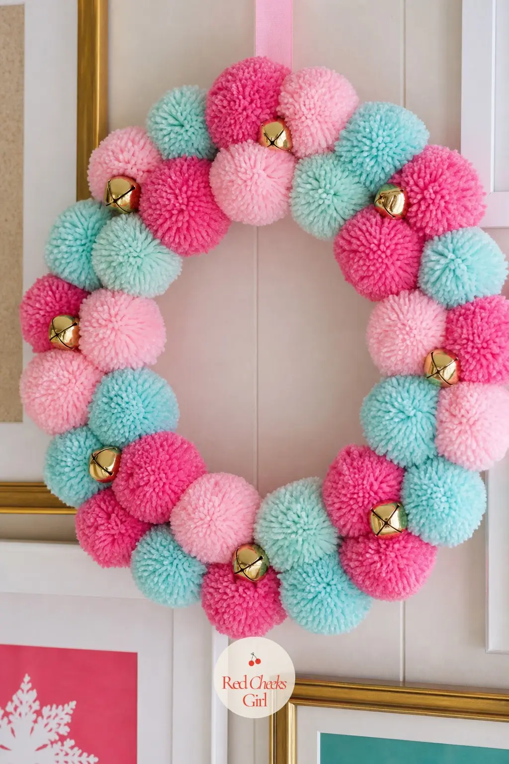 The Bubblegum Pink and Turquoise Pom Pom Wreath for the Living Room Gallery Wall — Bubblegum pink and turquoise is the loudest pairing in the whole set, closer