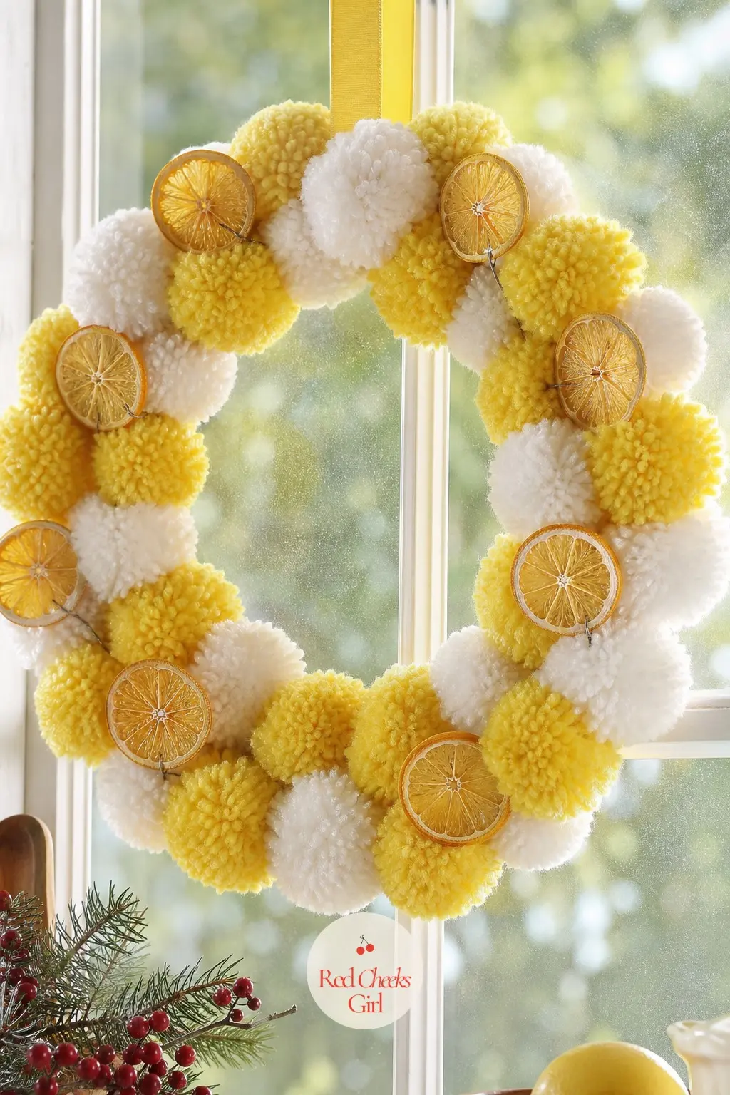 The Lemon Yellow and White Pom Pom Wreath for the Kitchen Window — Lemon yellow against white looks clean rather than sugary, which makes it the one wreath in