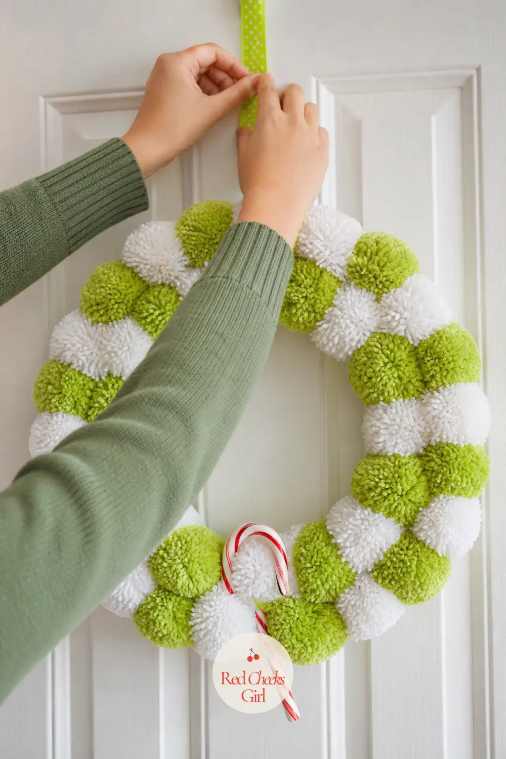 The Lime Green and White Peppermint Pom Pom Wreath for the Kids' Bedroom Door — Lime green next to white is sharper and more electric than a traditional
