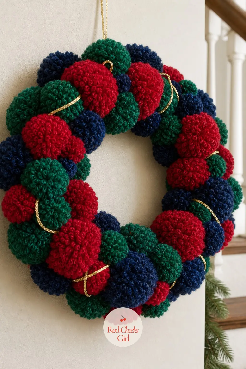 The Ruby, Emerald and Sapphire Jewel Tone Pom Pom Wreath for the Staircase Landing — This is the one wreath in the set built to be seen from a distance, since