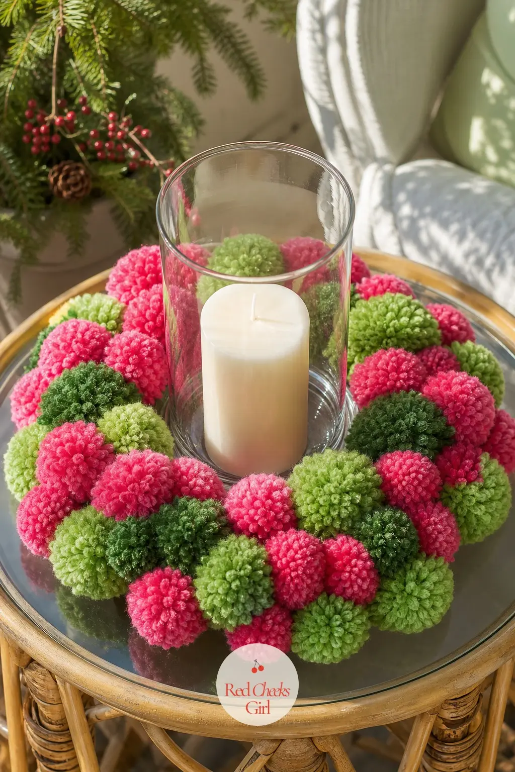 The Watermelon Pink and Leaf Green Pom Pom Wreath for the Sunporch — Watermelon pink and leaf green is the one pairing in this set that feels more summer fruit