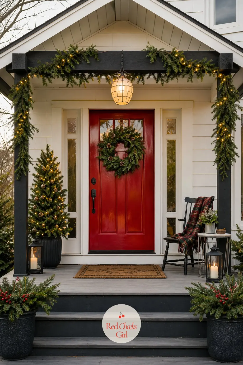 A Capiz-Shell Lantern Hung From the Porch Beam Above the Door — Capiz shell throws a soft, pearly light instead of a hard glow, which suits a porch with a red