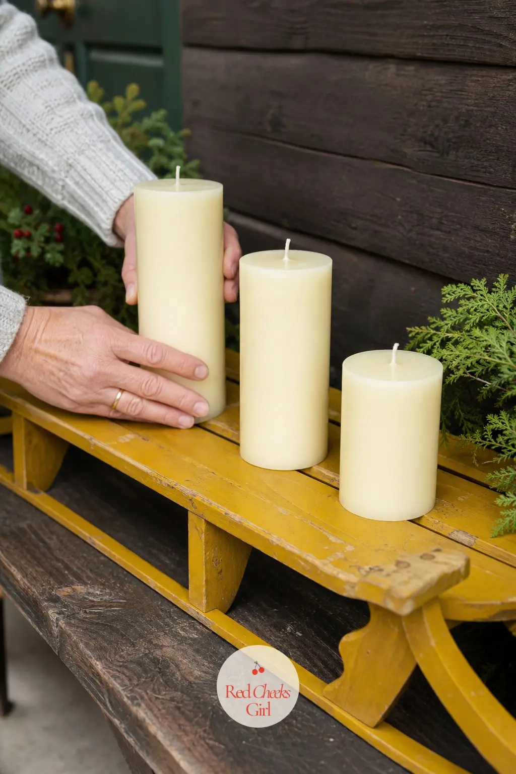 A Child's Sled Turned Shelf for Pillar Candles — A faded mustard-yellow sled laid flat on a porch bench makes an instant shelf for three ivory pillar candles
