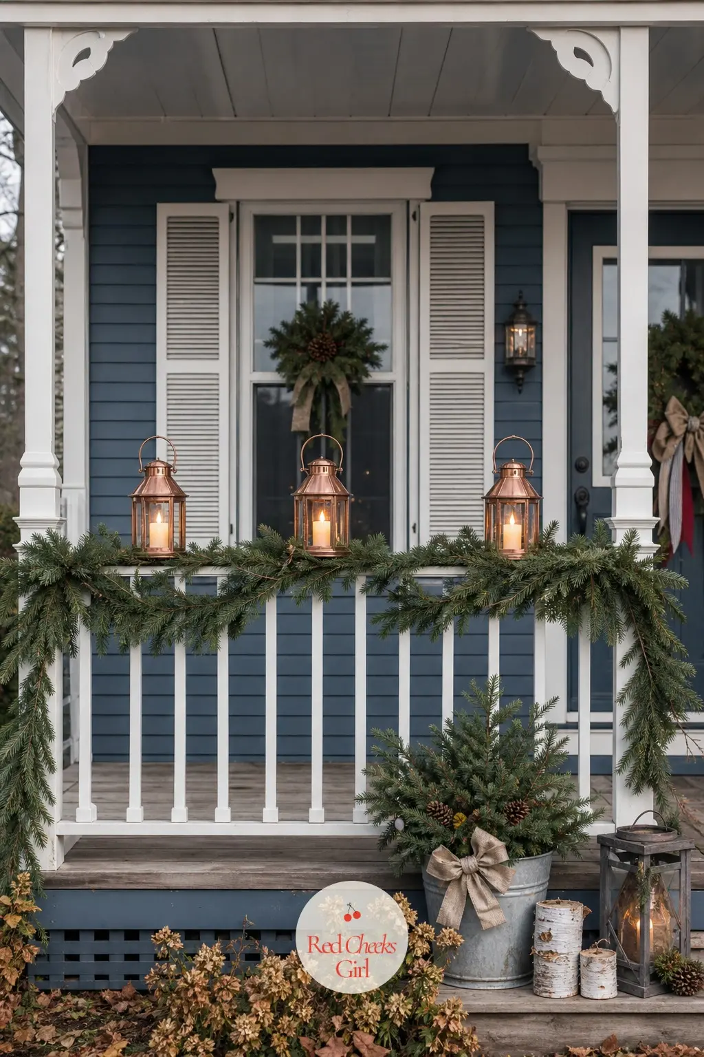 A Copper Lantern Trio Lined Along the Porch Railing — Three copper lanterns at even spacing along a railing do more for a porch than one at the door, because
