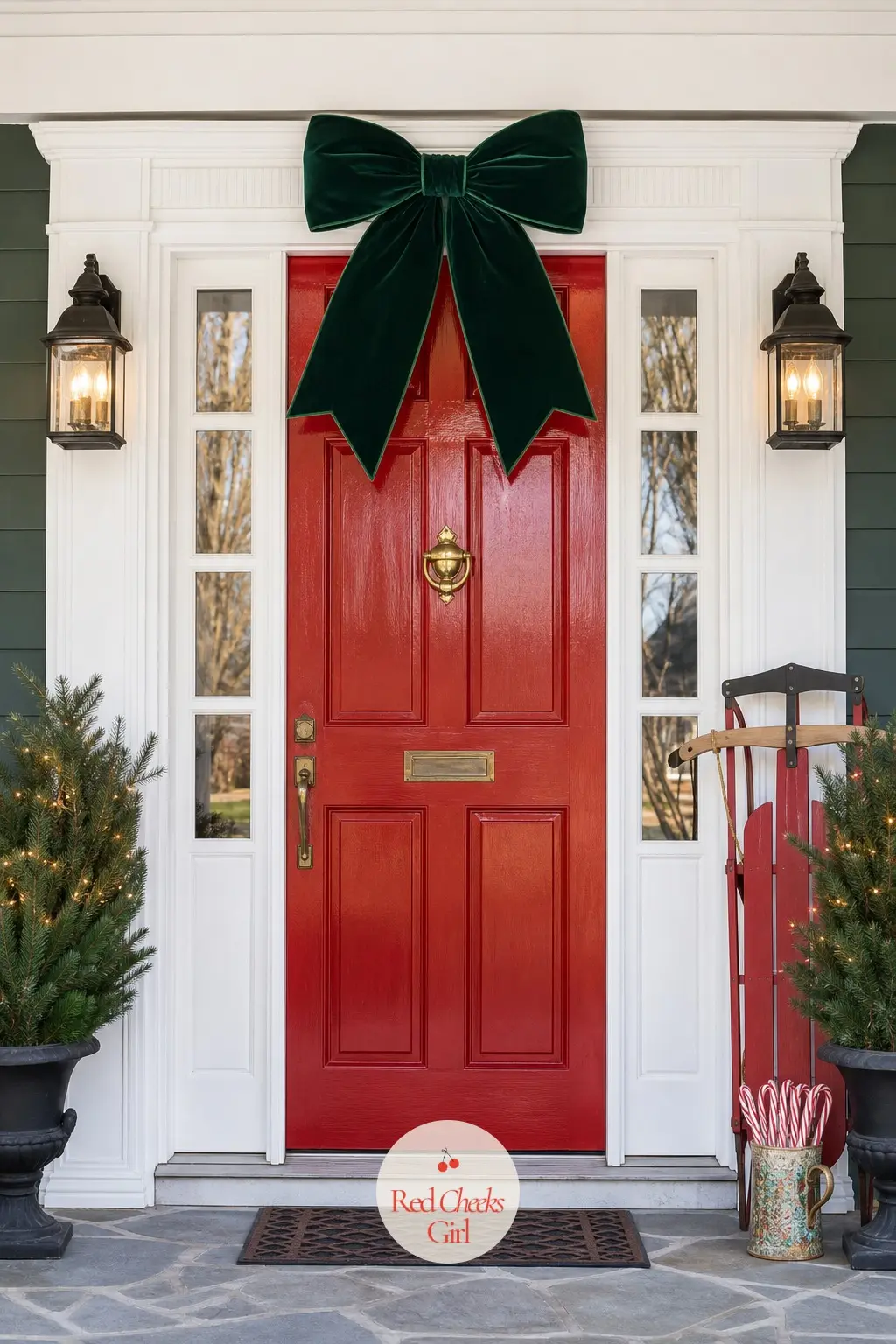 A Jumbo Emerald Velvet Bow Centered Above the Door — Mounted on the header above a red front door rather than on the door itself, one jumbo emerald bow reads