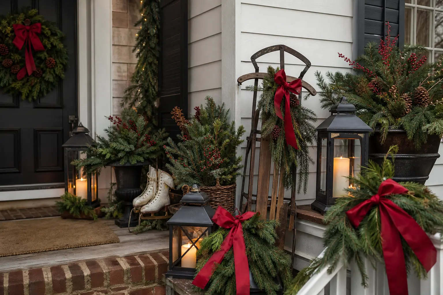 24 Christmas Porch Decor Ideas With Lanterns, Sleds and Oversized Bows