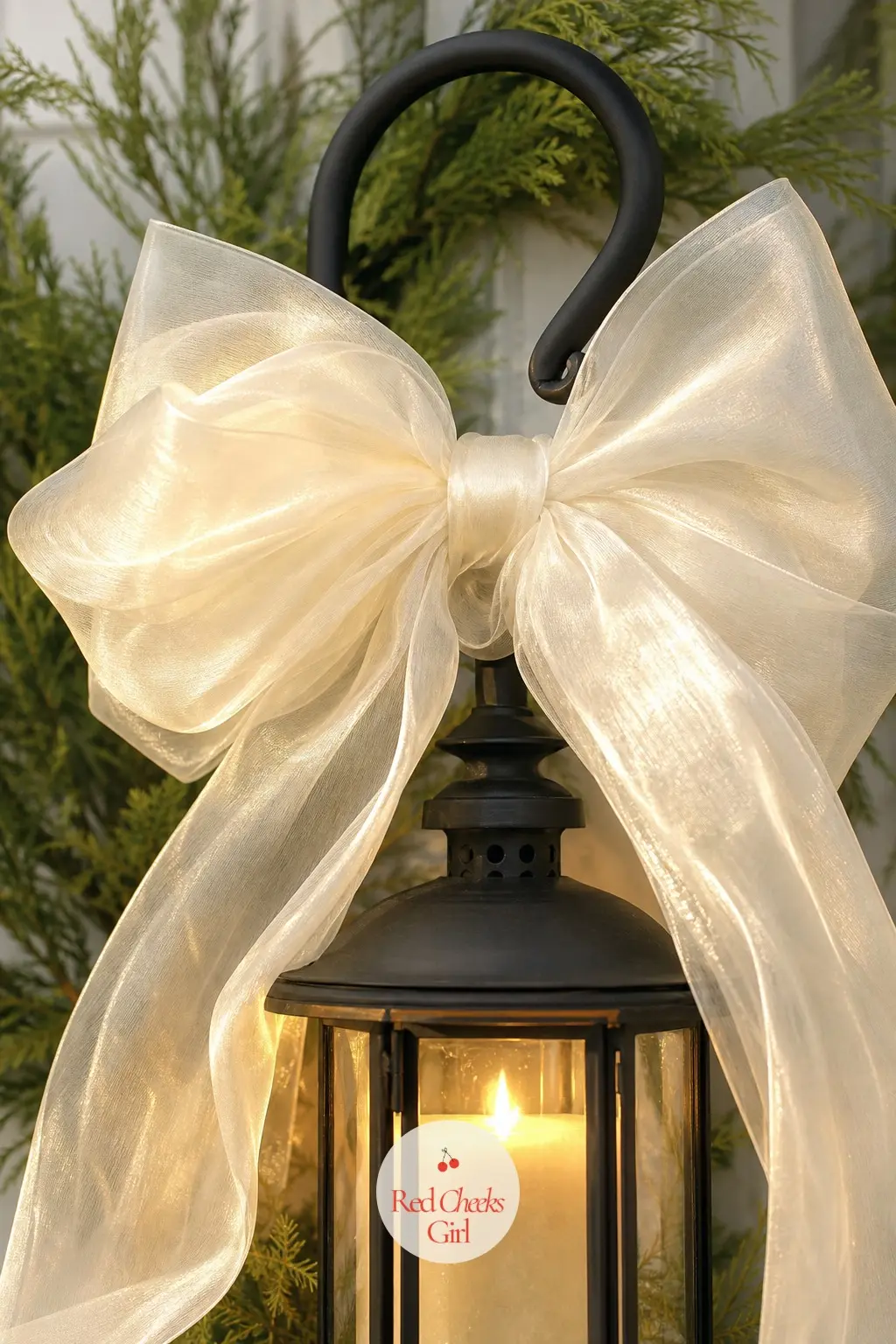 An Oversized Ivory Organza Bow Finishing a Lantern Hook — Tie one oversized ivory organza bow where a hanging lantern meets its hook, so the bow does double
