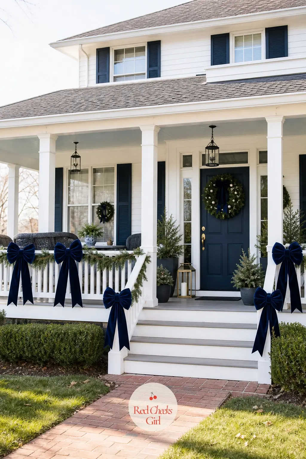 Oversized Navy Velvet Bows Clipped Along the Porch Railing — Clip three or four oversized navy velvet bows at even intervals along a white railing instead of