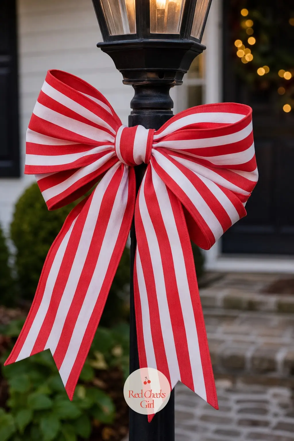 An Oversized Red-and-White Striped Bow Tied to the Lamppost — Carry one more oversized bow to the foot of the front walk, tied to a black lamppost, and the