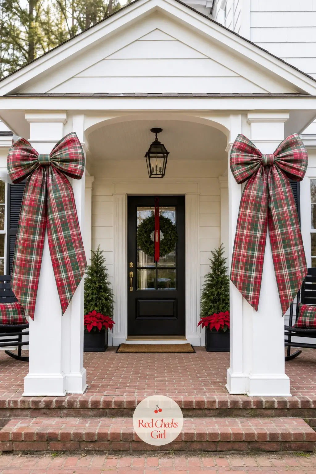 Oversized Tartan Plaid Bows Tied to Each Porch Column — Wrap each white porch column with a single oversized red, green and white tartan bow, tied at the same