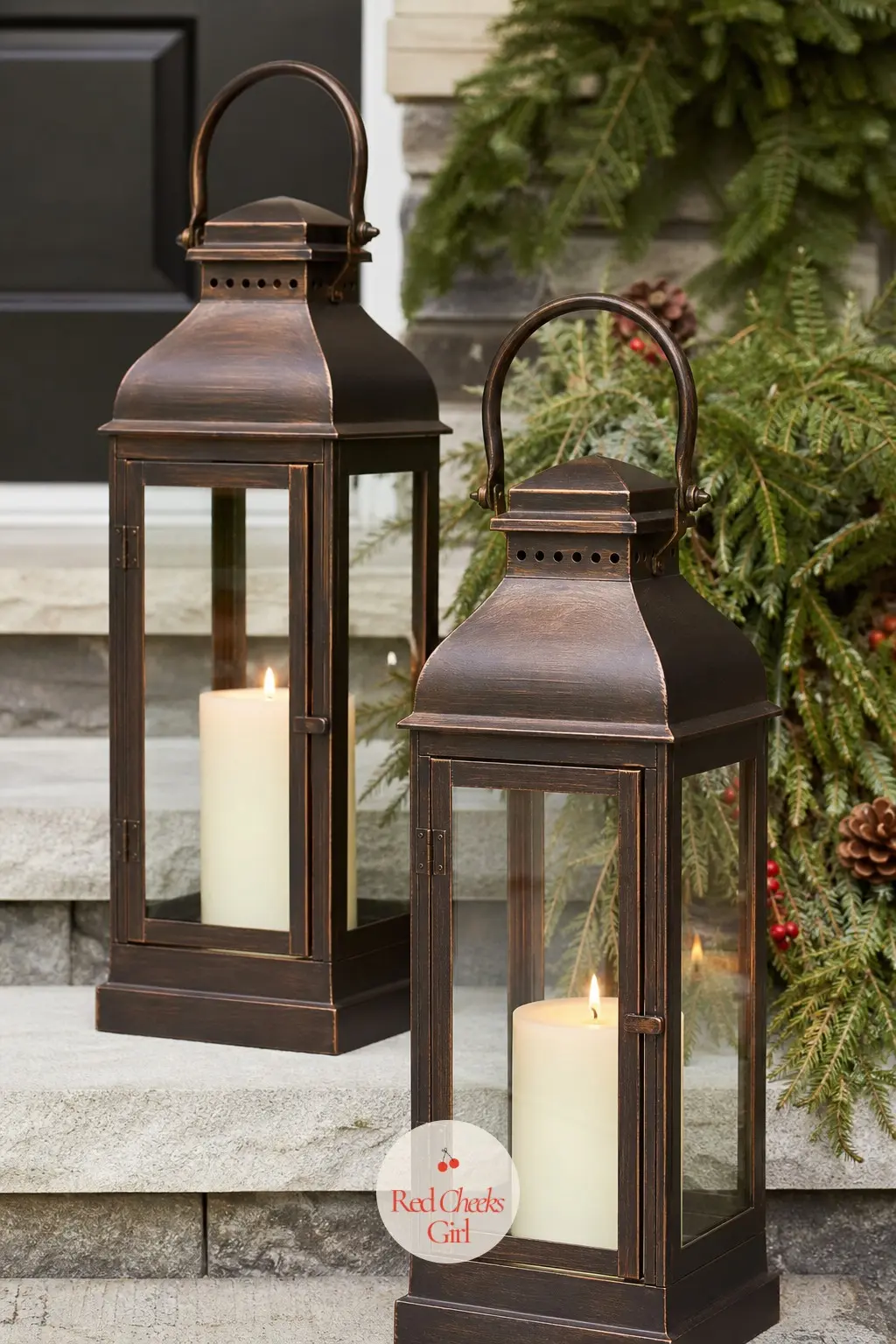 A Pair of Oil-Rubbed Bronze Lanterns Flanking the Top Step — Set one on each side of the top step rather than at the door itself, so anyone climbing the stairs