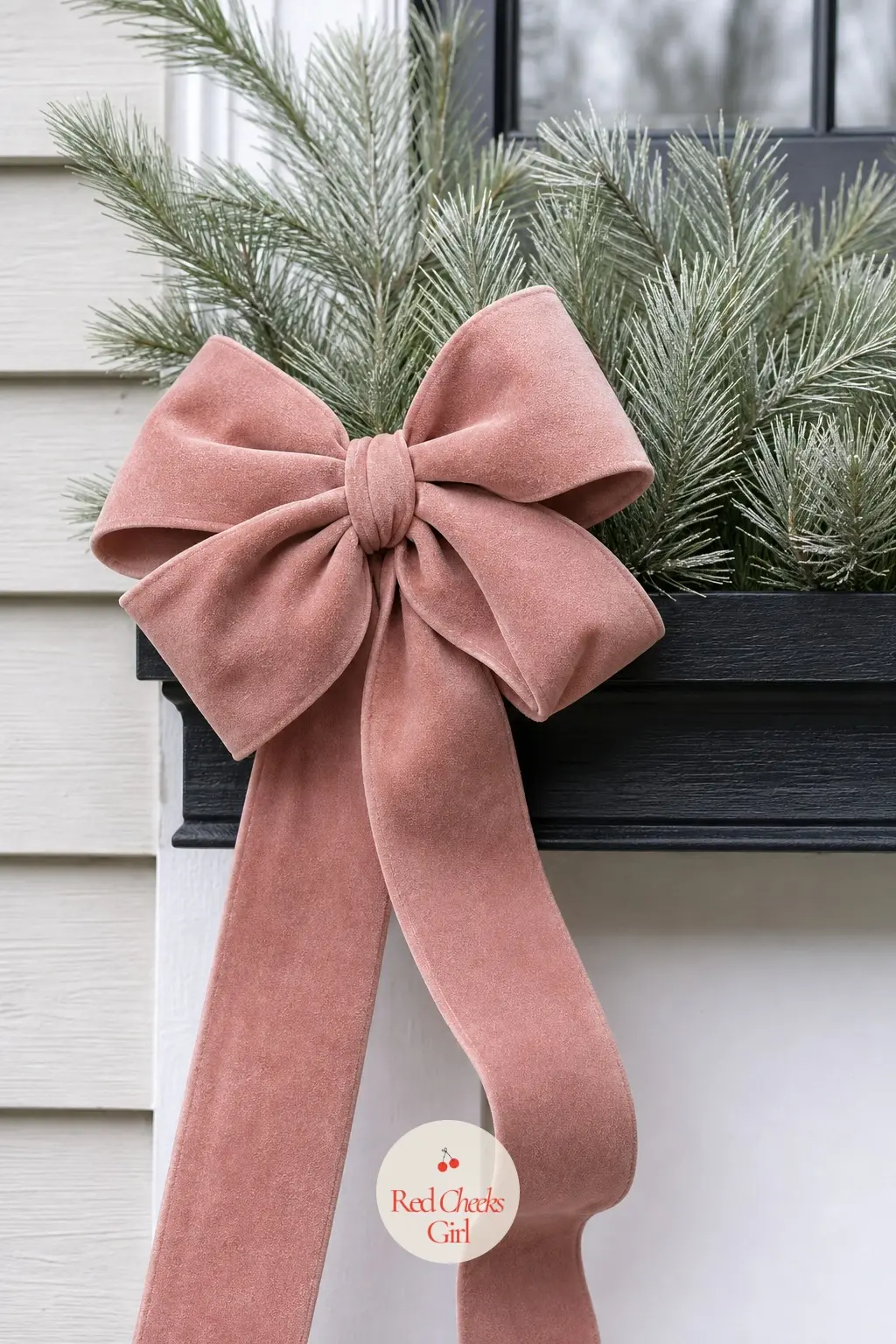 A Pair of Oversized Dusty-Pink Bows Flanking the Window Boxes — Two oversized dusty-pink bows, one at each end of a window box packed with white pine, soften a