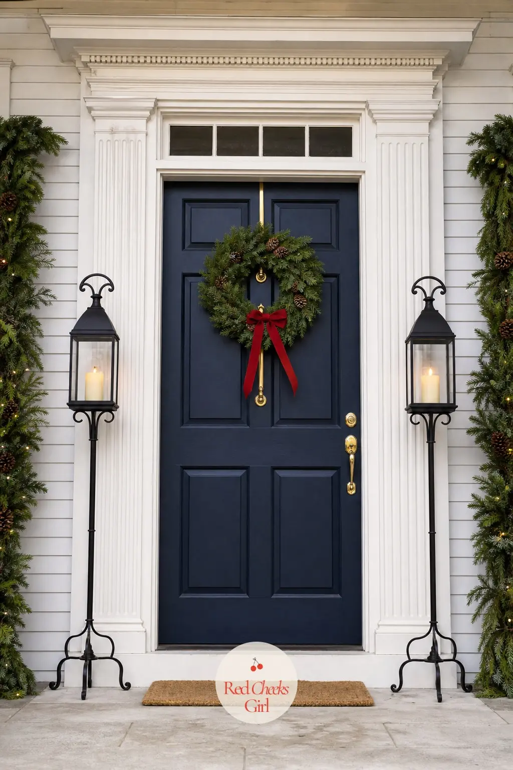 A Pair of Tall Black Iron Lantern Stands Either Side of the Door — Floor-standing iron lanterns do the job mini trees usually do, minus the needle drop and the