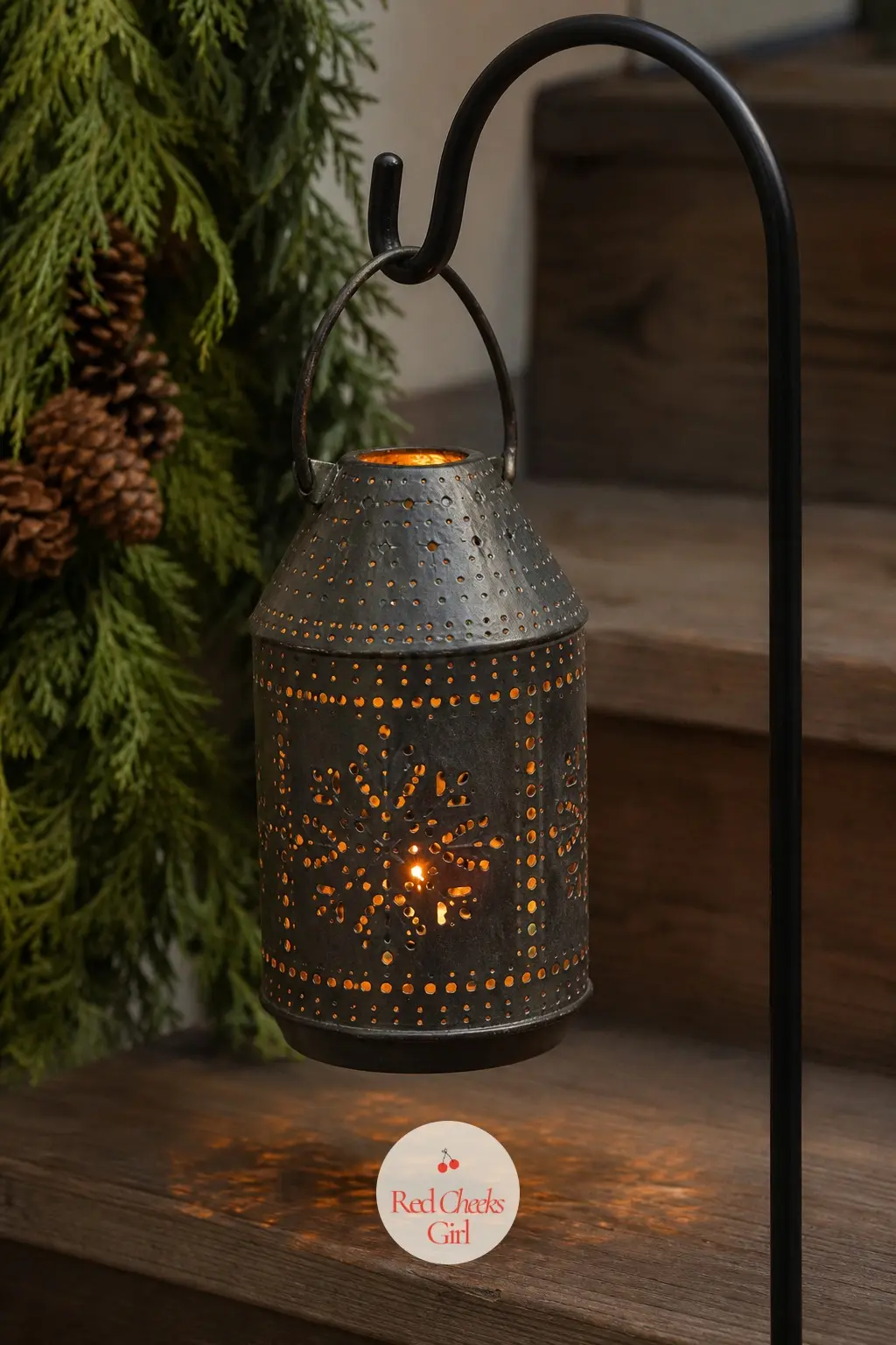 A Punched-Tin Lantern Swinging From a Shepherd's Hook Beside the Steps — A punched-tin lantern throws tiny pinpricks of amber light through its pattern, which