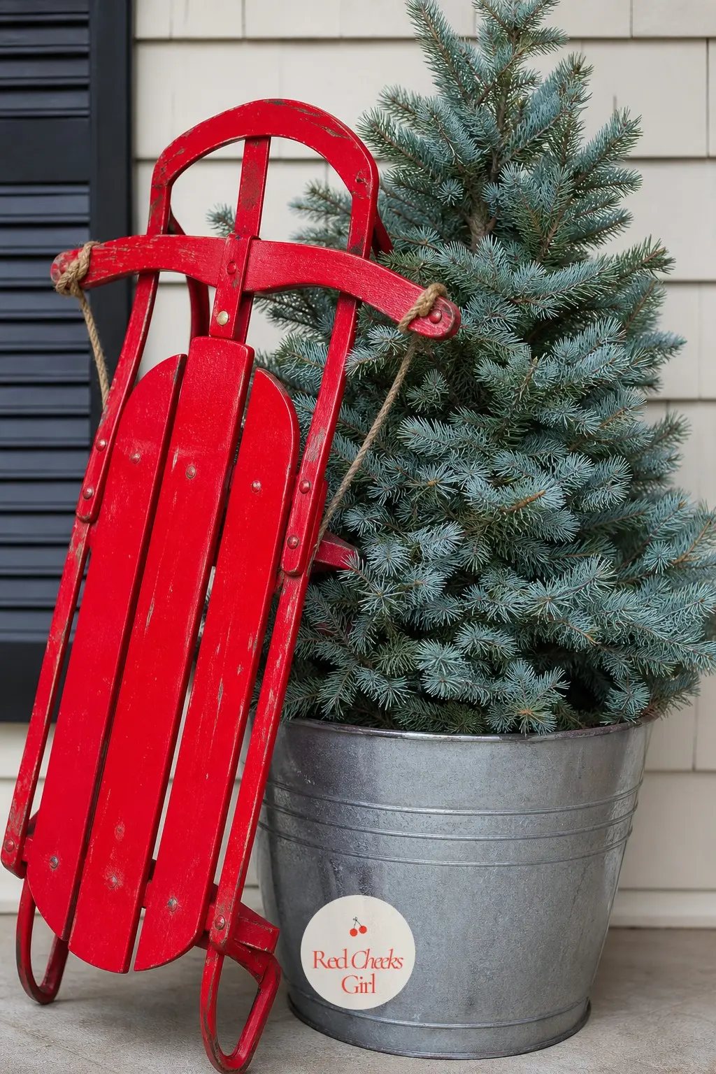 A Red Toboggan Sled Propped Beside a Potted Spruce — Prop a bright red toboggan against a galvanized bucket holding a small blue spruce and the two pieces read