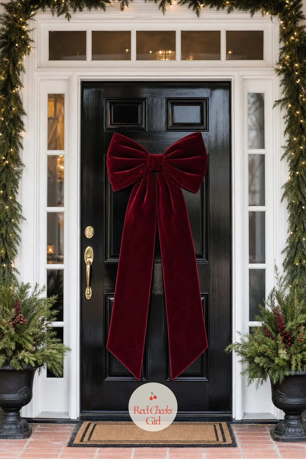 A Single Oversized Velvet Bow Mounted Flat on the Front Door — Skip the wreath entirely and mount one oversized burgundy velvet bow flat against a black door