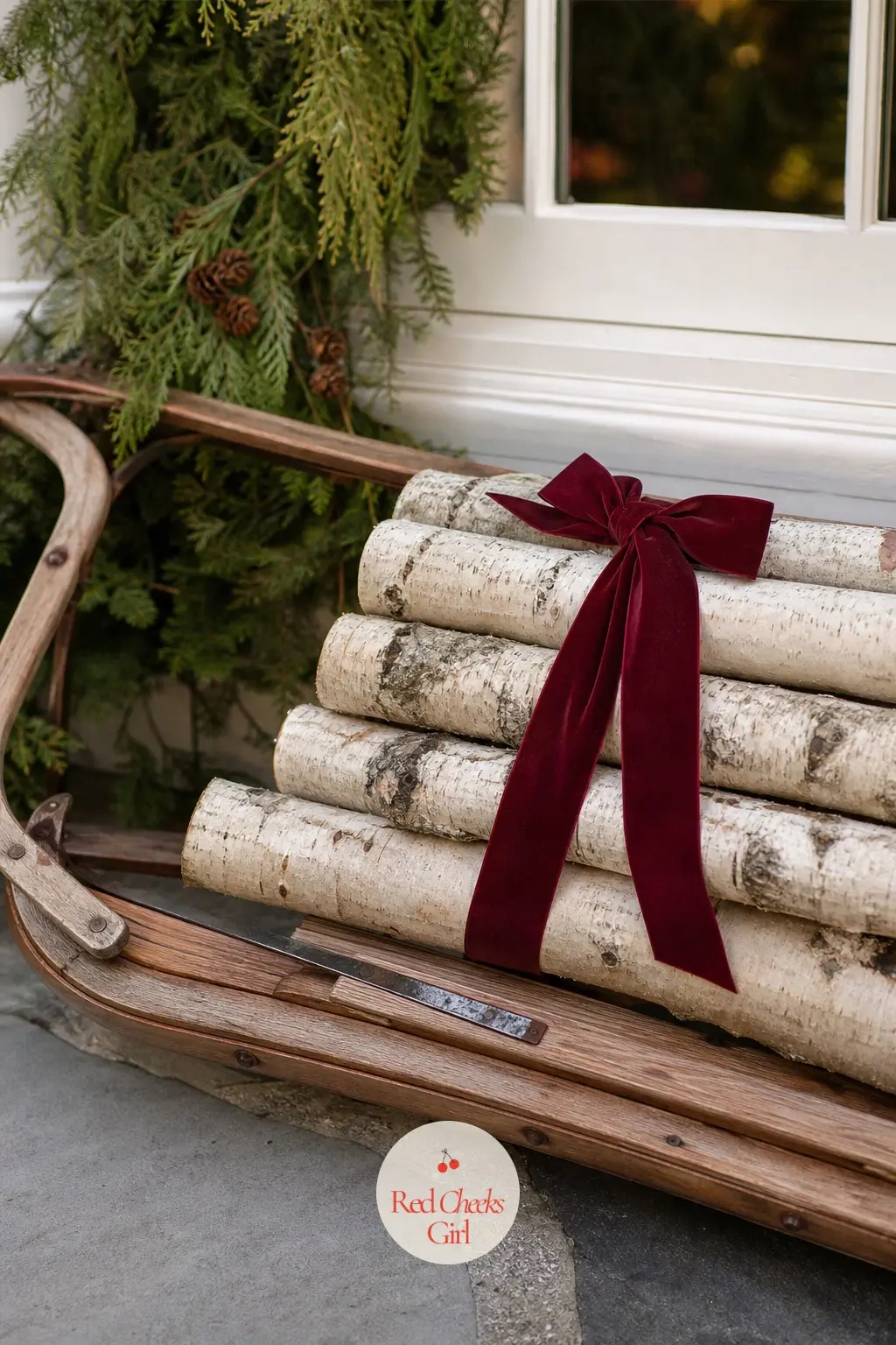 A Sled Leaning Under the Window, Loaded With Birch Logs — Stack pale birch logs onto a sled leaned beneath a porch window and tie the bundle with a wide
