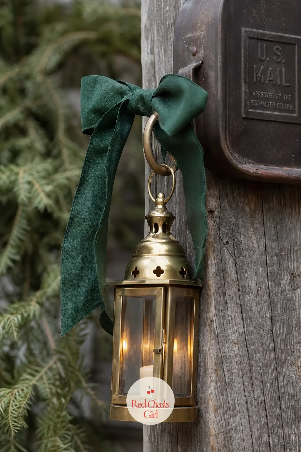 A Small Brass Lantern Hooked Onto the Mailbox Post — The mailbox post is prime, under-used real estate for exactly one small lantern. Christmas porch decor