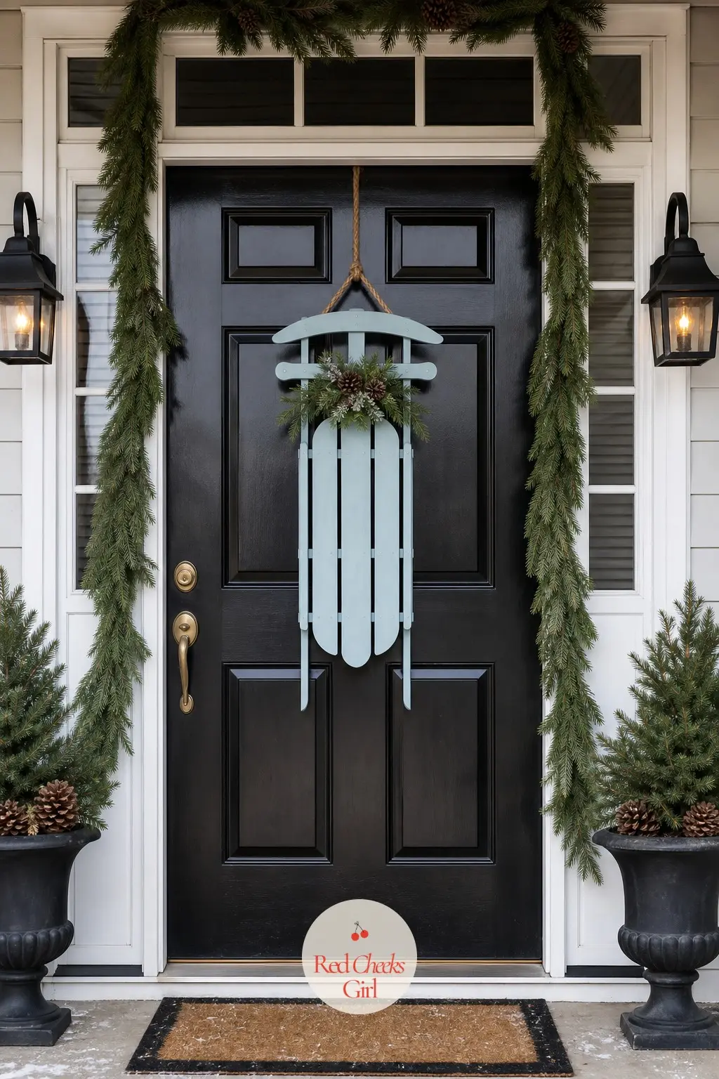A Small Painted Sled Hung Flat Against the Front Door — A sled hung flat on the door, runners pointing down, works as a genuine wreath substitute for anyone