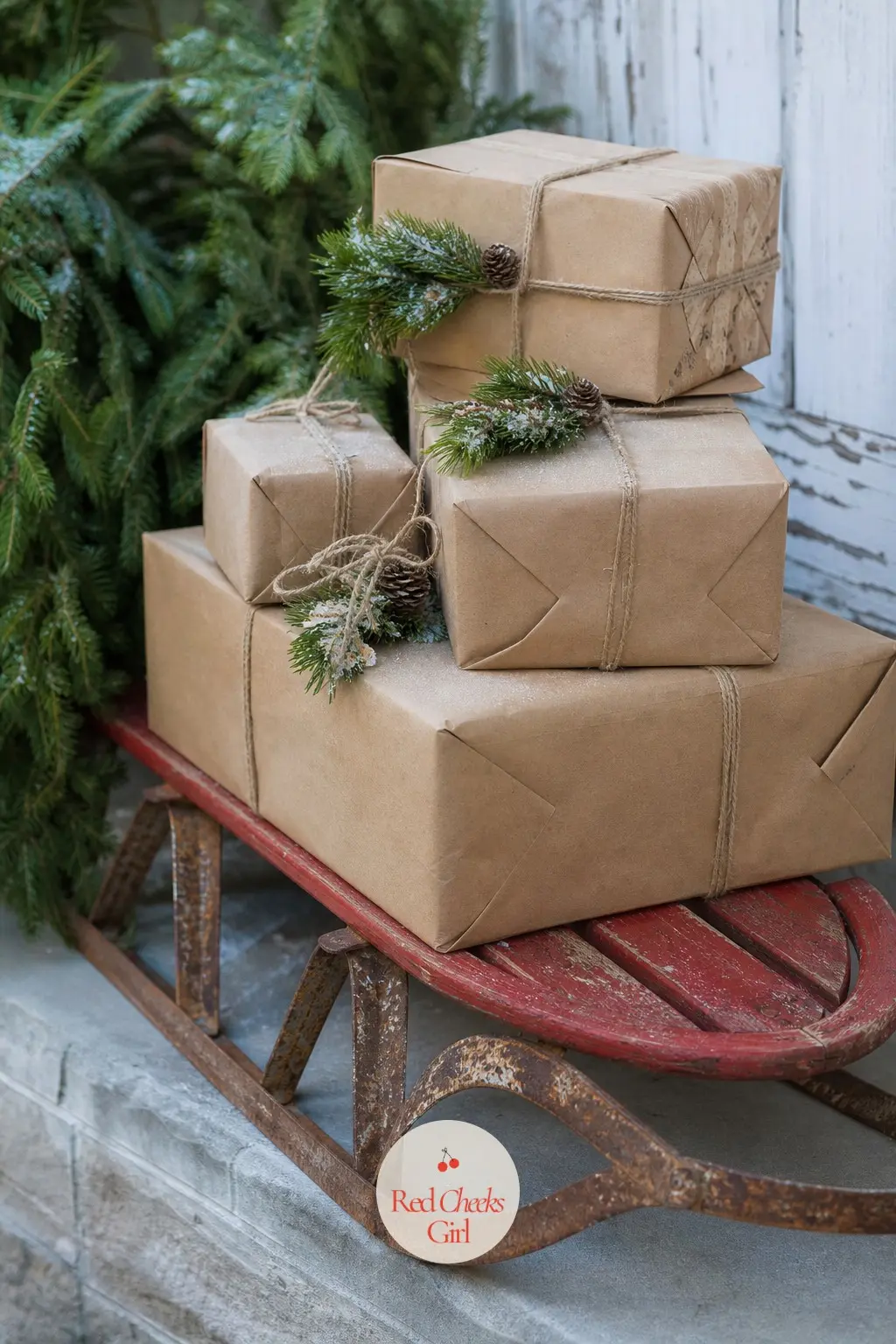 A Vintage Metal-Runner Sled Stacked With Wrapped Boxes — Rusted metal runners under a stack of kraft-paper parcels tied in plain twine reads as collected, not