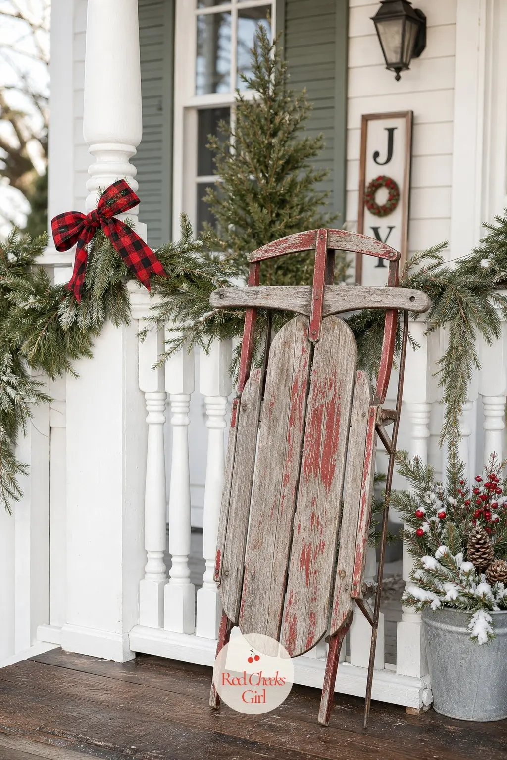A Weathered Wooden Sled Leaned Against the Porch Railing — An old wooden sled with chipped red paint does what a wreath cannot: it has actual depth, so it
