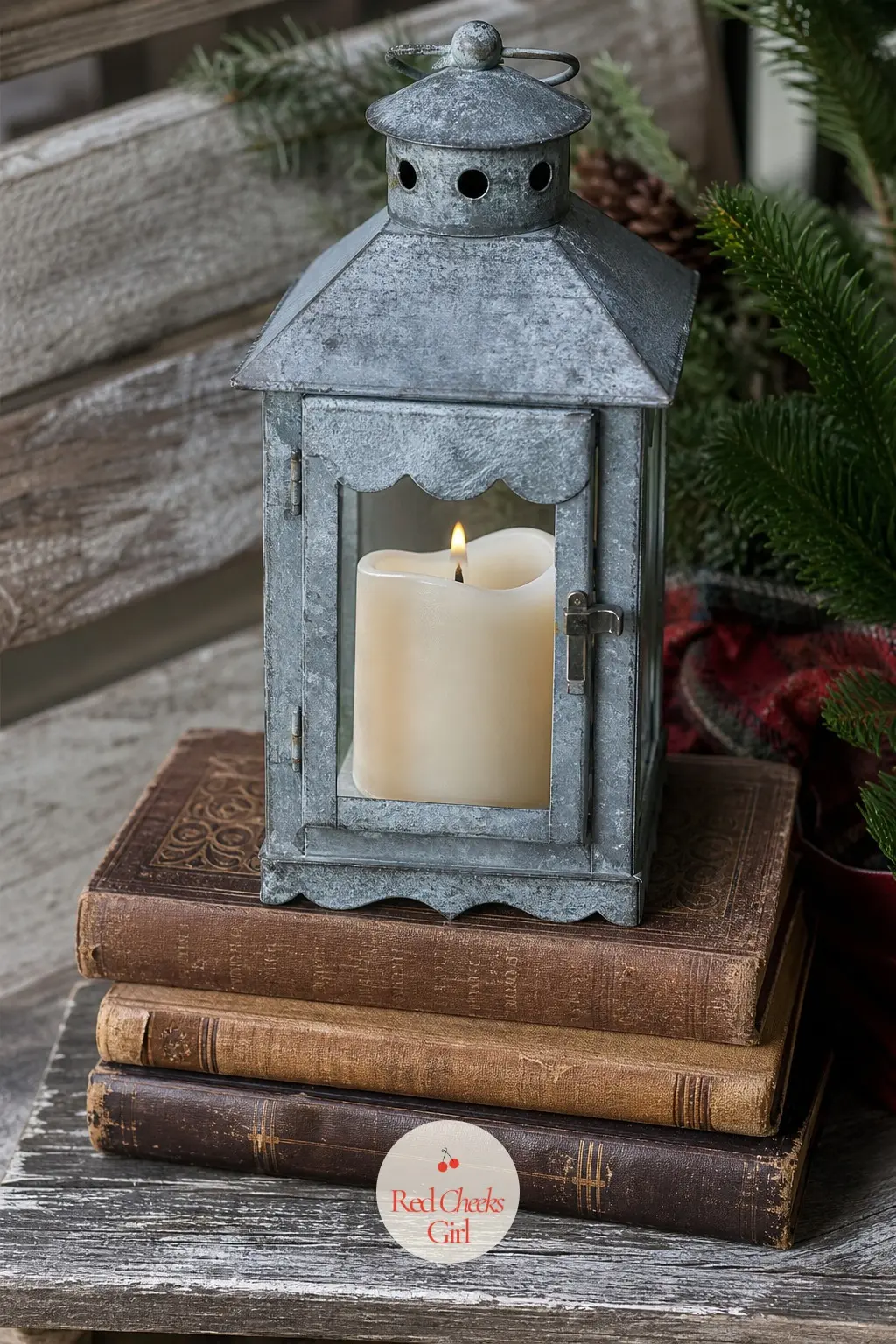 A Weathered Zinc Lantern Set on a Stack of Vintage Books — Raise a lantern on a short stack of old hardbacks and it stops looking like an afterthought set on
