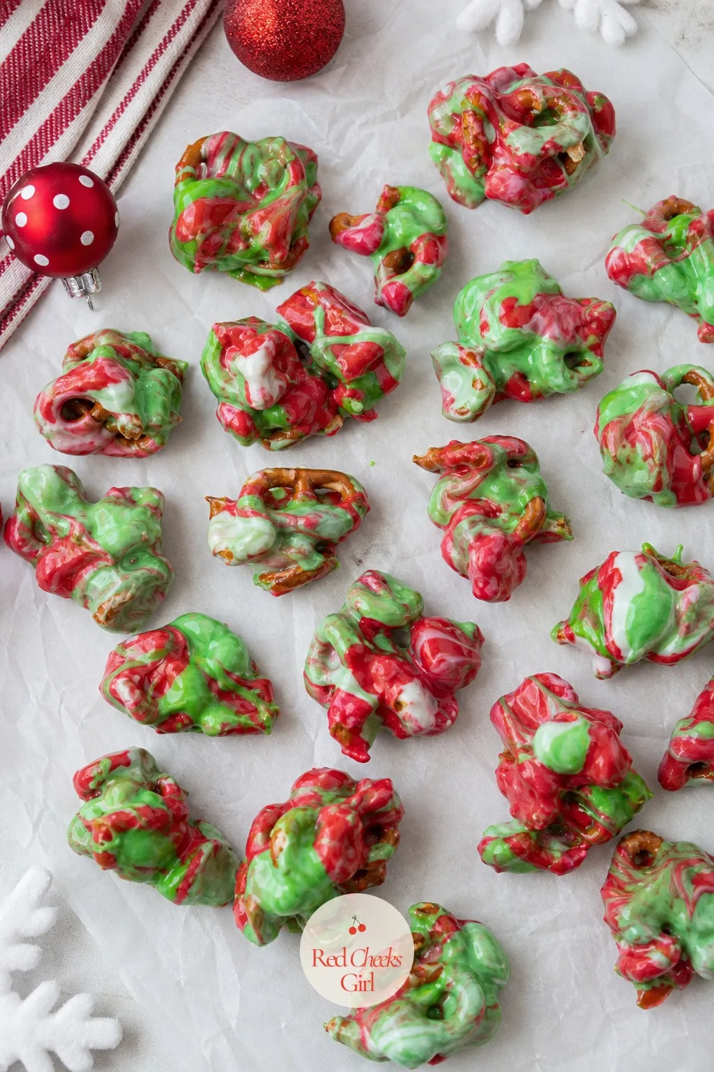 Candy-Coated Pretzel Bites — Broken pretzel pieces stirred straight into melted candy melt, dropped in small clusters onto parchment, set within minutes.