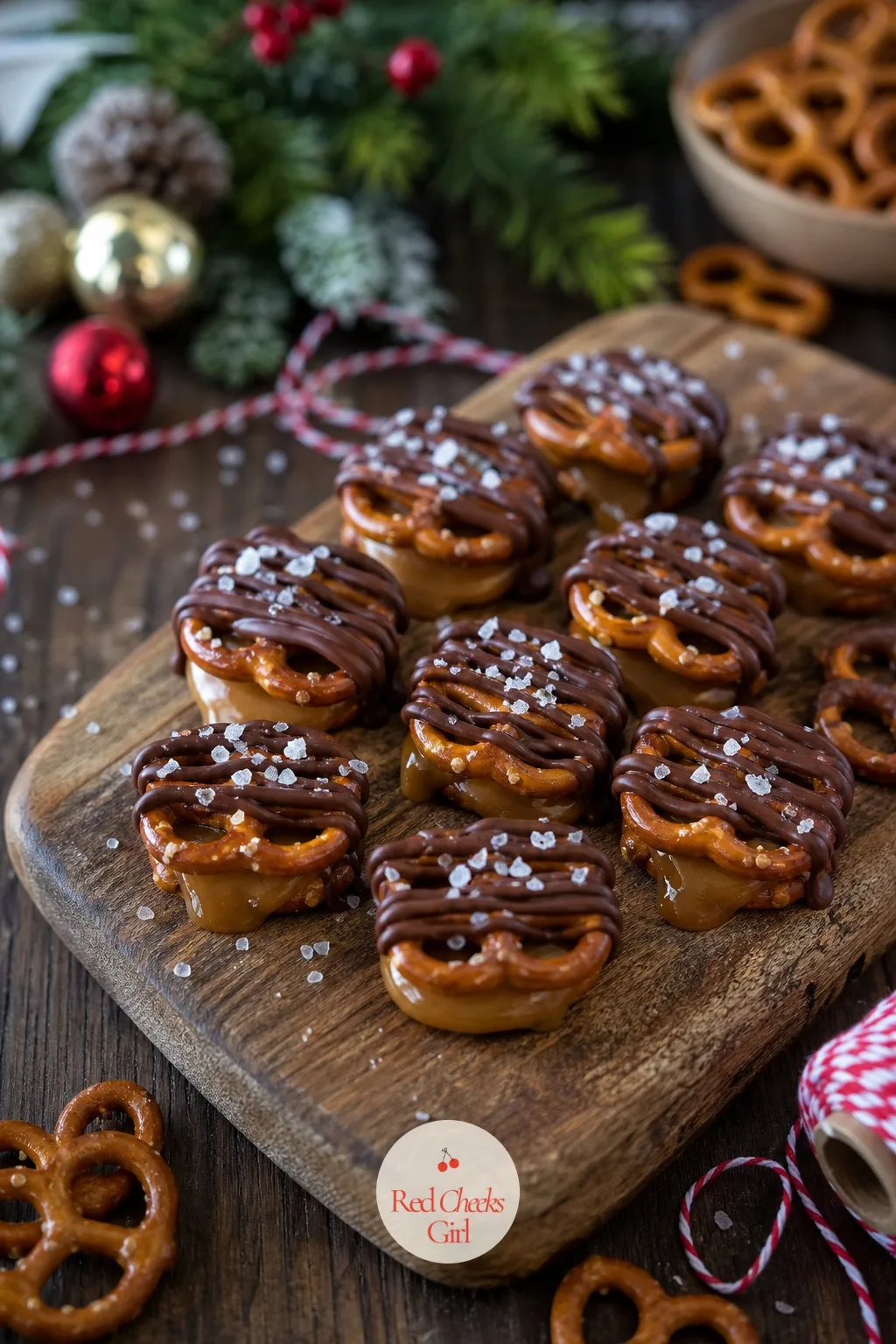 Caramel Pretzel Bites — A soft caramel square pressed between two mini pretzels, warmed just enough to turn gooey, then finished with a thin drizzle of