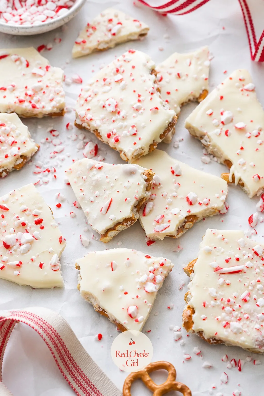 Peppermint Pretzel Bark — Melt dark chocolate, spread it thin on a parchment-lined tray, scatter broken pretzel pieces over the top while it is still soft