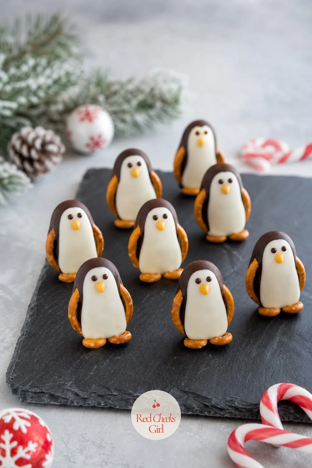 Pretzel Penguins — Half dark, half white, these look fussier than they are. Christmas pretzel treats