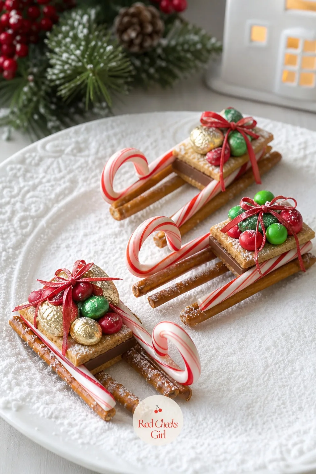 Pretzel Sleds — Two pretzel rods lying parallel become sled runners, a small rectangle of graham cracker or a chocolate wafer laid across them is the seat