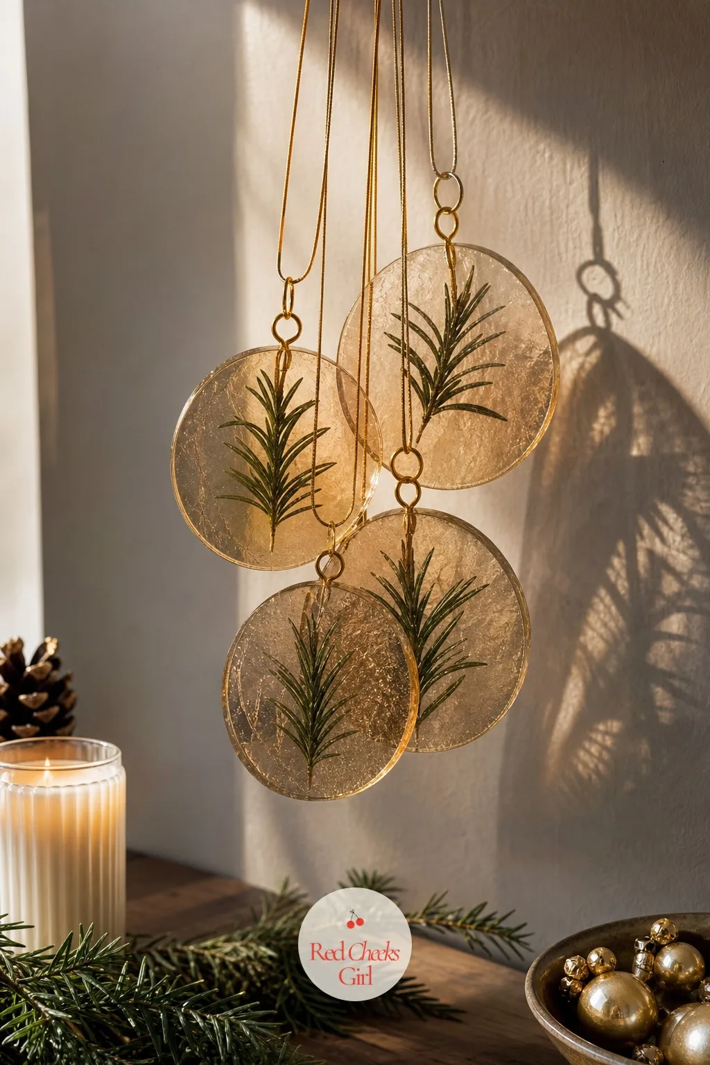 Pressed Rosemary Ornaments — A sprig of real rosemary dries out and crumbles by New Year, which is usually the point where she gives up on fresh greenery