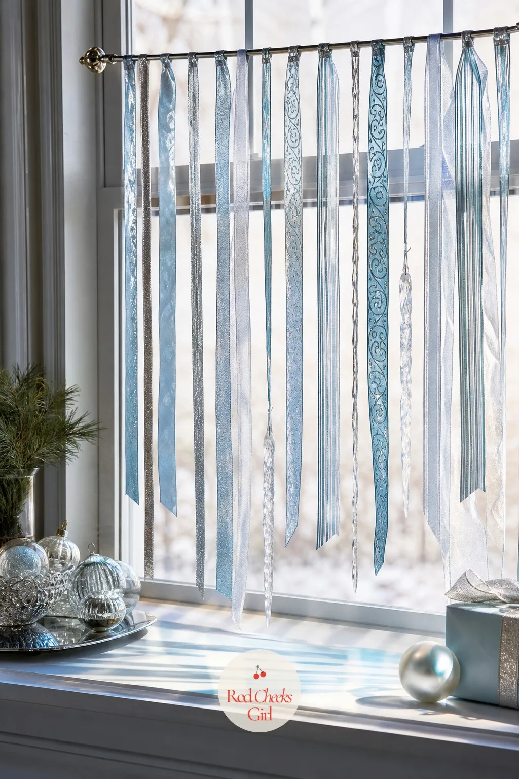 Cascading Ribbon Icicles at the Window — A bare window looks sparse next to every other house stringing up fairy lights along the gutter. Christmas ribbon