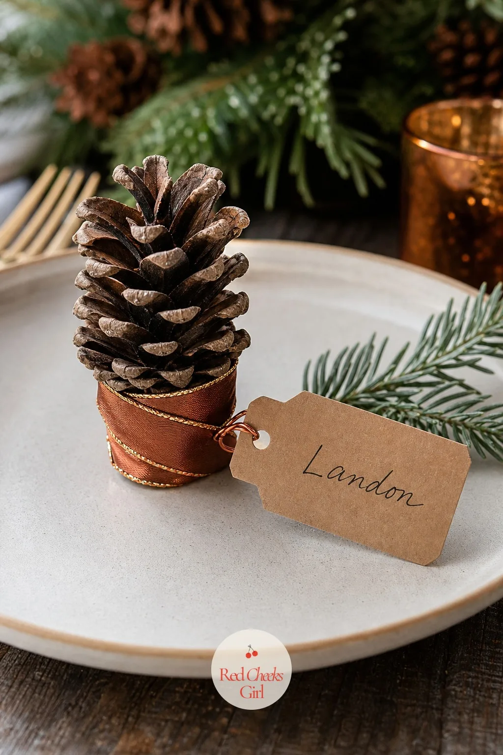 Ribbon-Wrapped Pinecone Place Markers — Handwritten place cards alone look a little bare against the rest of a dressed table. Christmas ribbon crafts