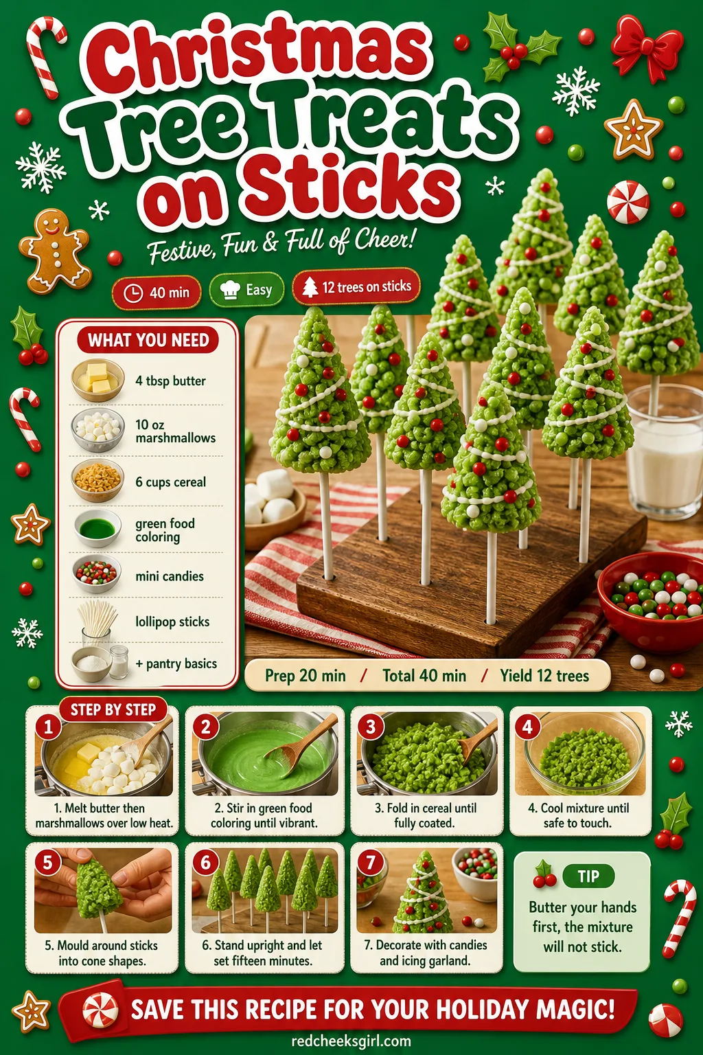 Christmas Tree Treats on Sticks Recipe Card printable sheet — Printable card for the tree-shaped treats on sticks. Christmas rice krispie treats