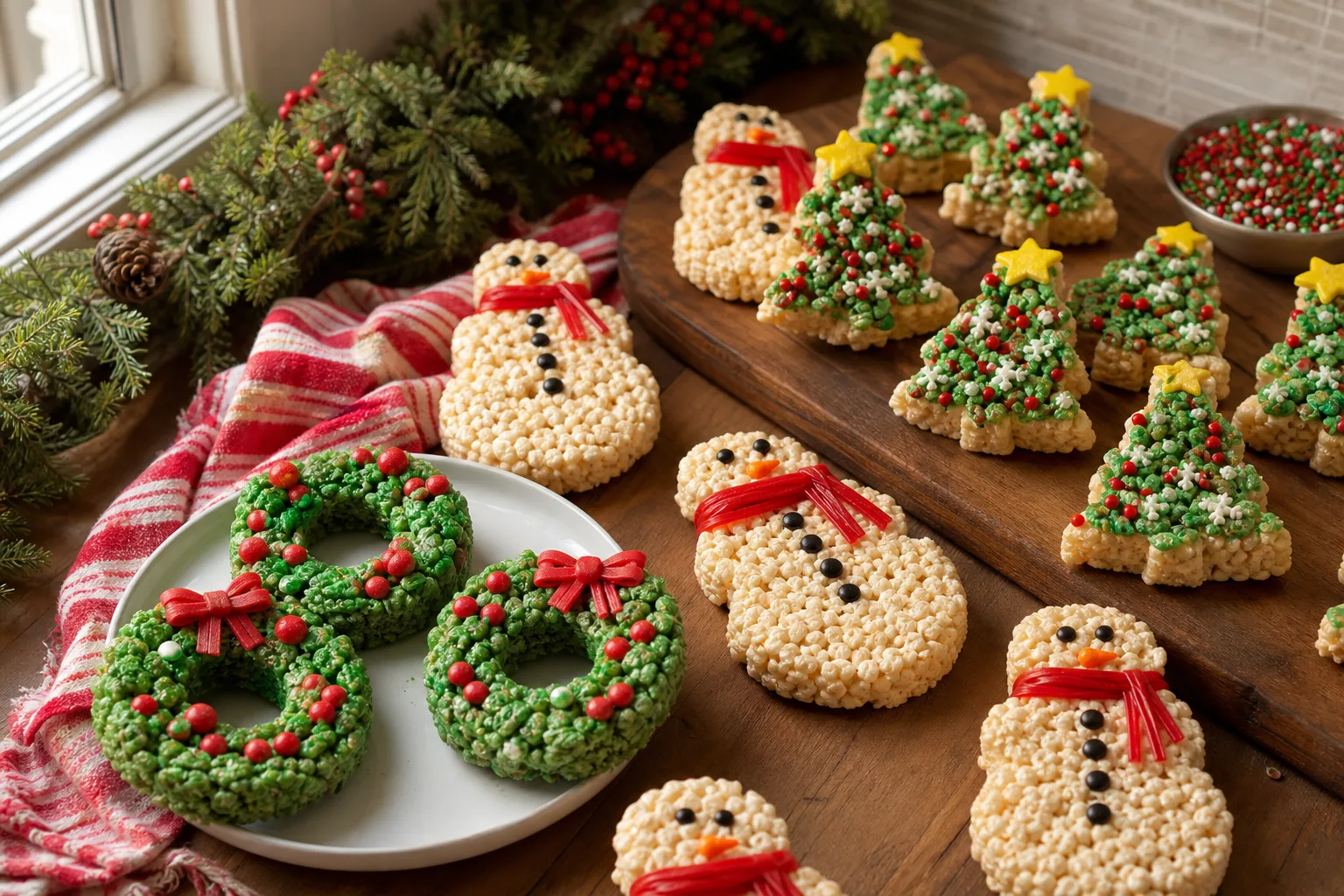 12 Christmas Rice Krispie Treats Shaped Like Trees, Wreaths and Snowmen