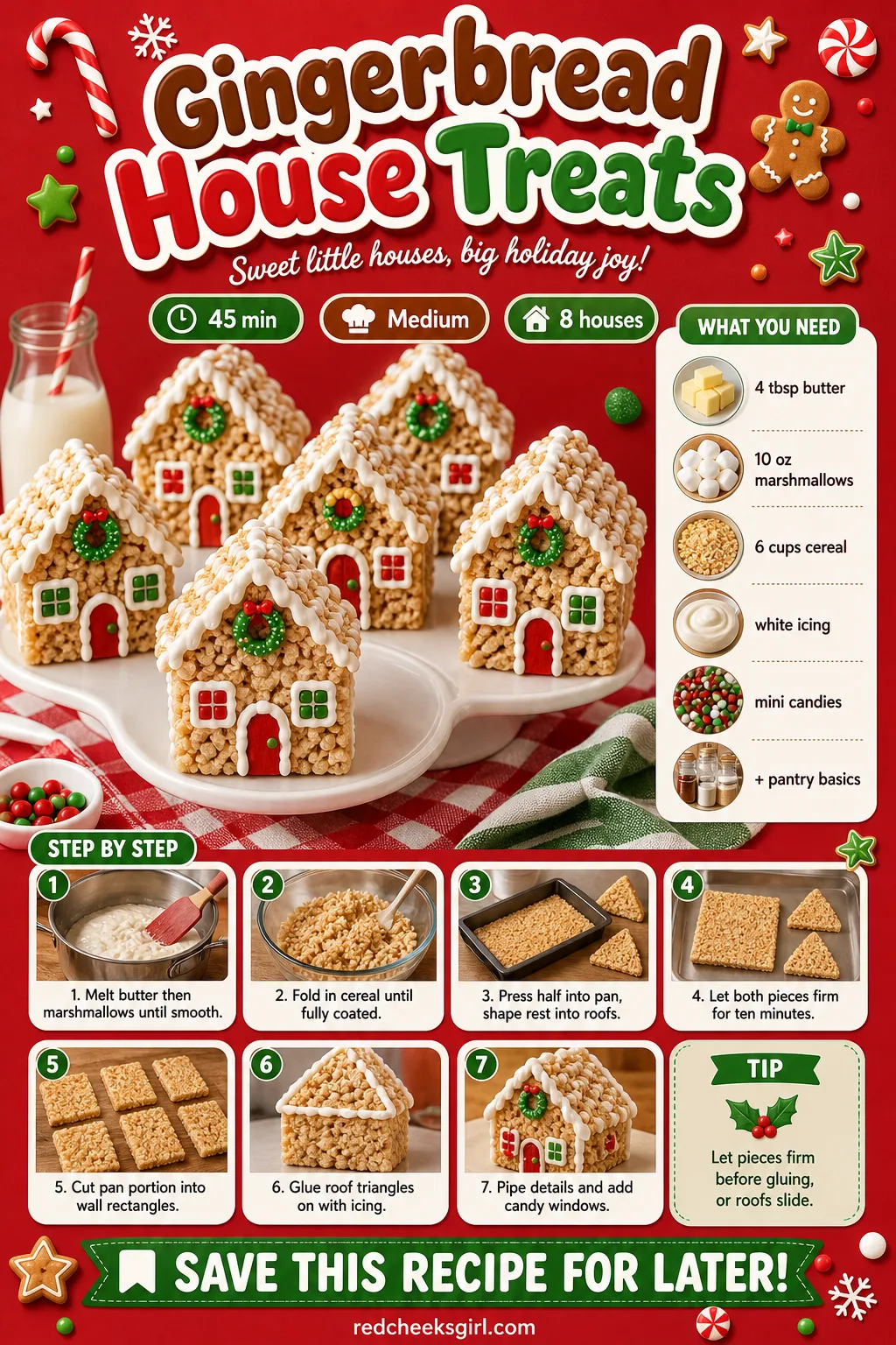 Gingerbread House Treats Recipe Card printable sheet — Printable card for the little assembled cereal treat houses. Christmas rice krispie treats