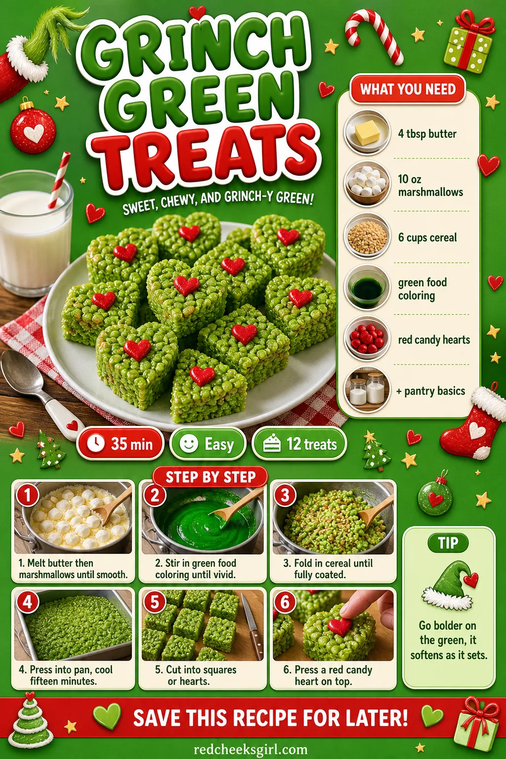 Grinch Green Treats Recipe Card printable sheet — Printable card for the bright green heart-topped treats. Christmas rice krispie treats