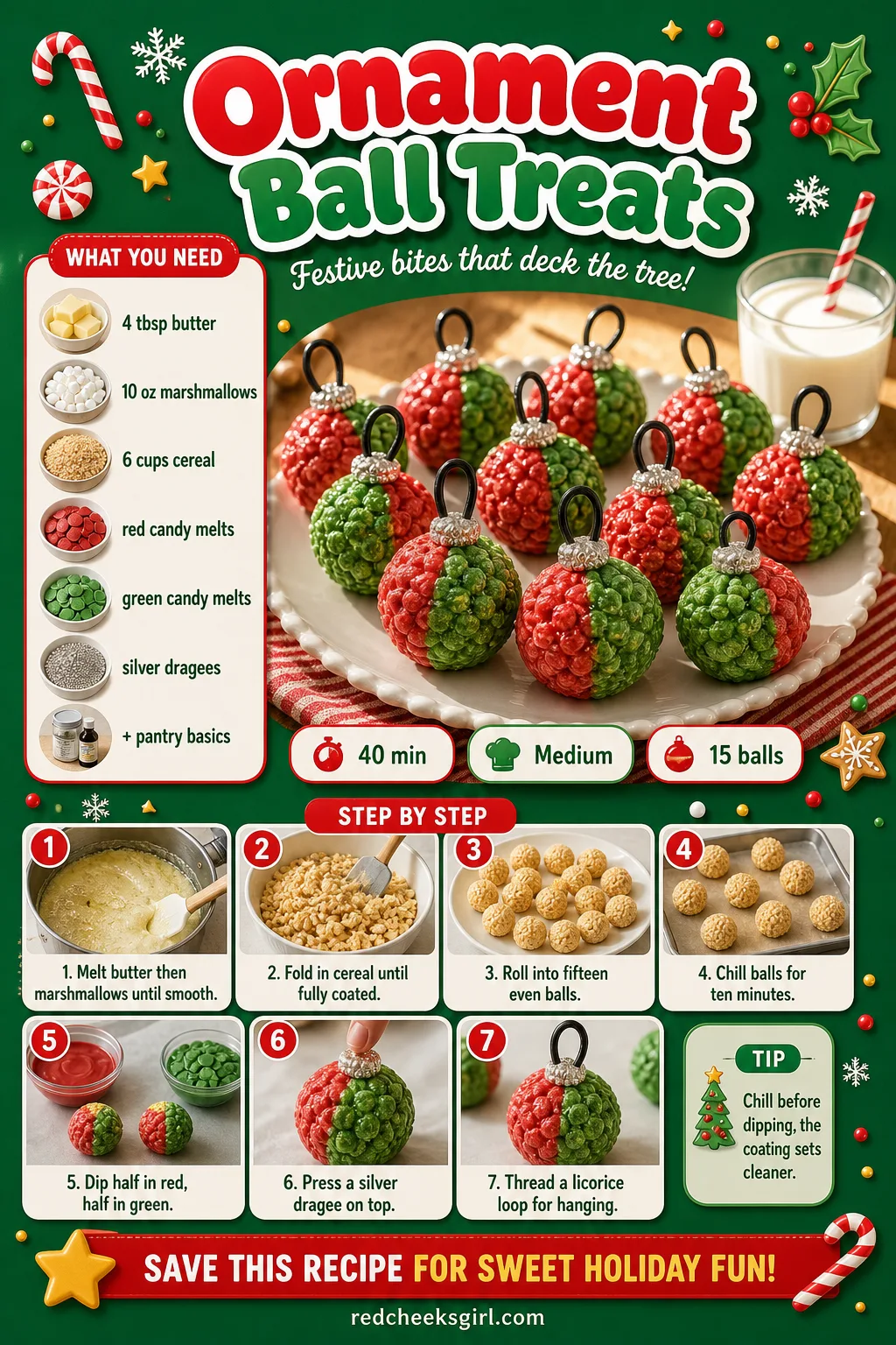 Ornament Ball Treats Recipe Card printable sheet — Printable card for the dipped round ornament treats. Christmas rice krispie treats