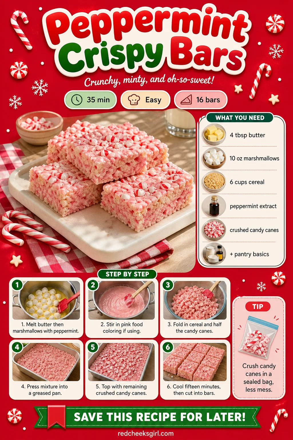 Peppermint Crispy Bars Recipe Card printable sheet — Printable card for the crushed candy cane bars. Christmas rice krispie treats