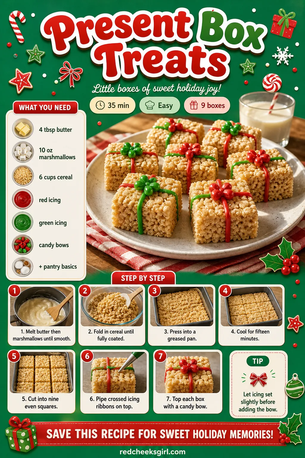 Present Box Treats Recipe Card printable sheet — Printable card for the piped ribbon present-box treats. Christmas rice krispie treats