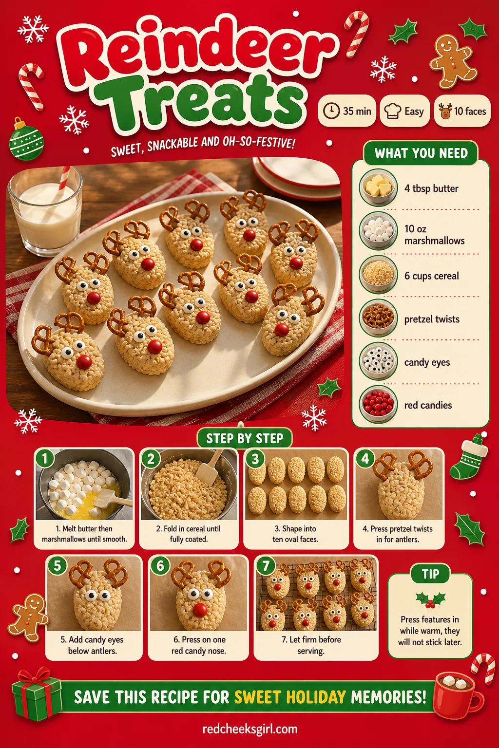 Reindeer Treats Recipe Card printable sheet — Printable card for the pretzel-antlered reindeer treats. Christmas rice krispie treats