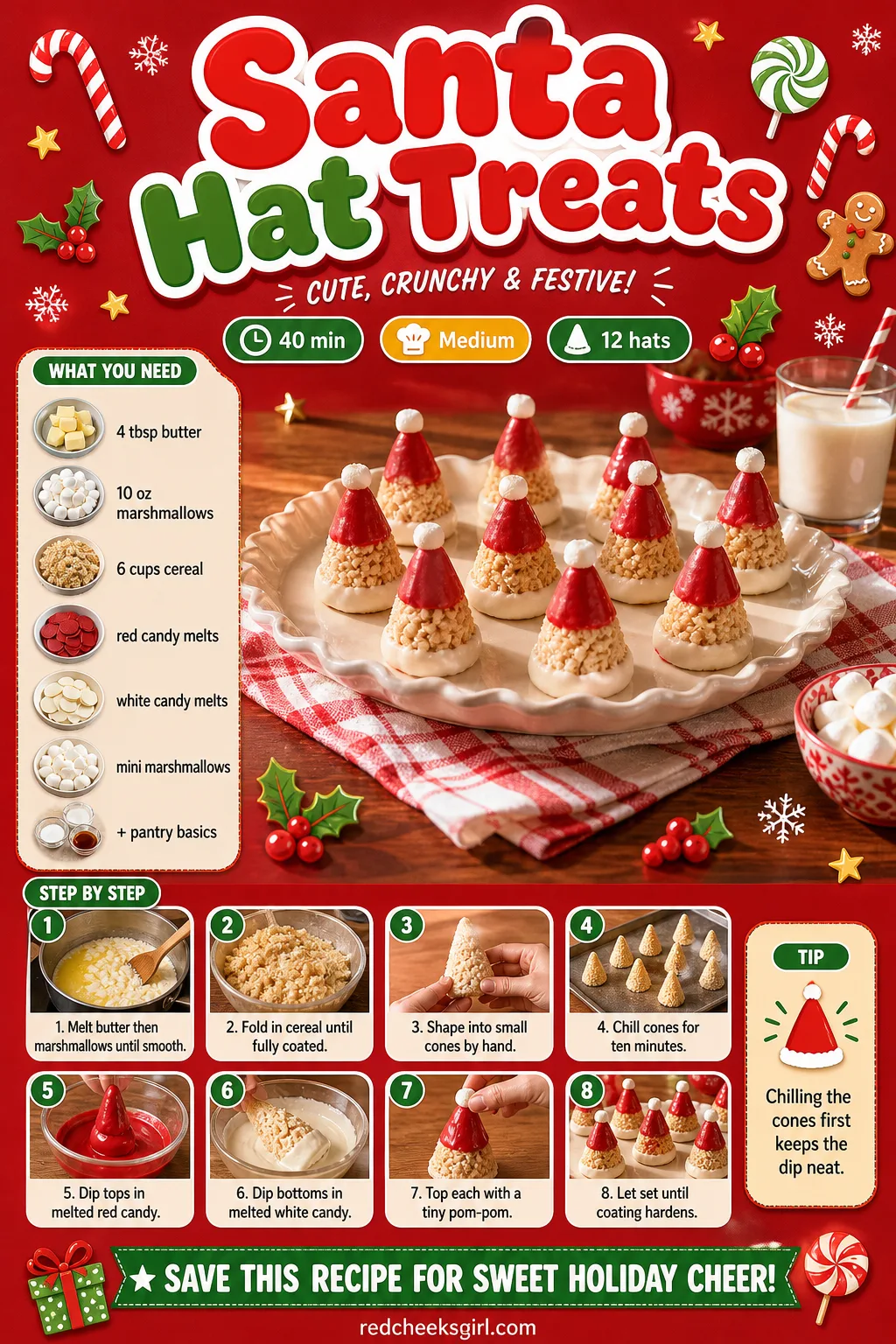 Santa Hat Treats Recipe Card printable sheet — Printable card for the red and white Santa hat cones. Christmas rice krispie treats