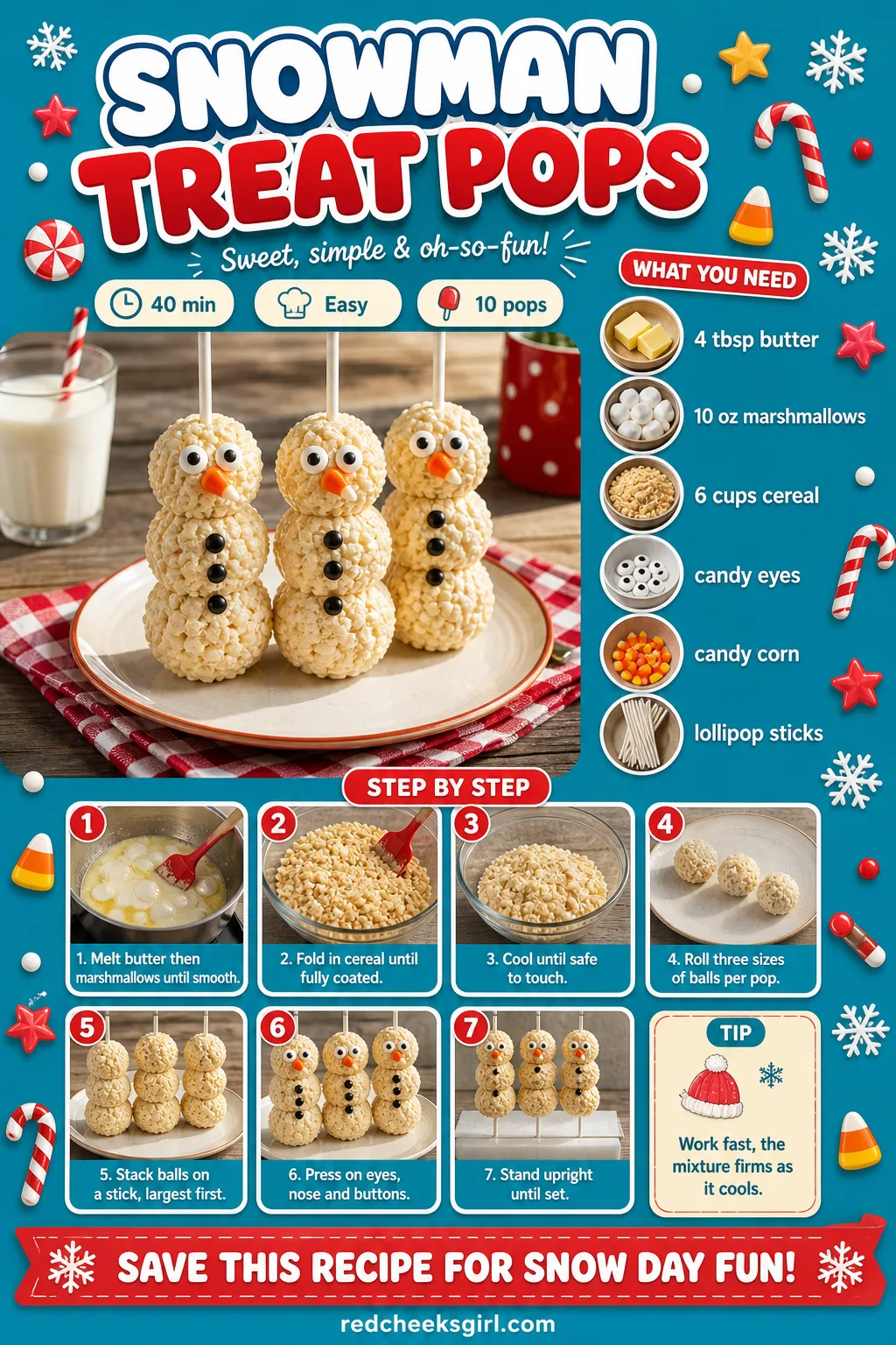 Snowman Treat Pops Recipe Card printable sheet — Printable card for the stacked snowman pops. Christmas rice krispie treats