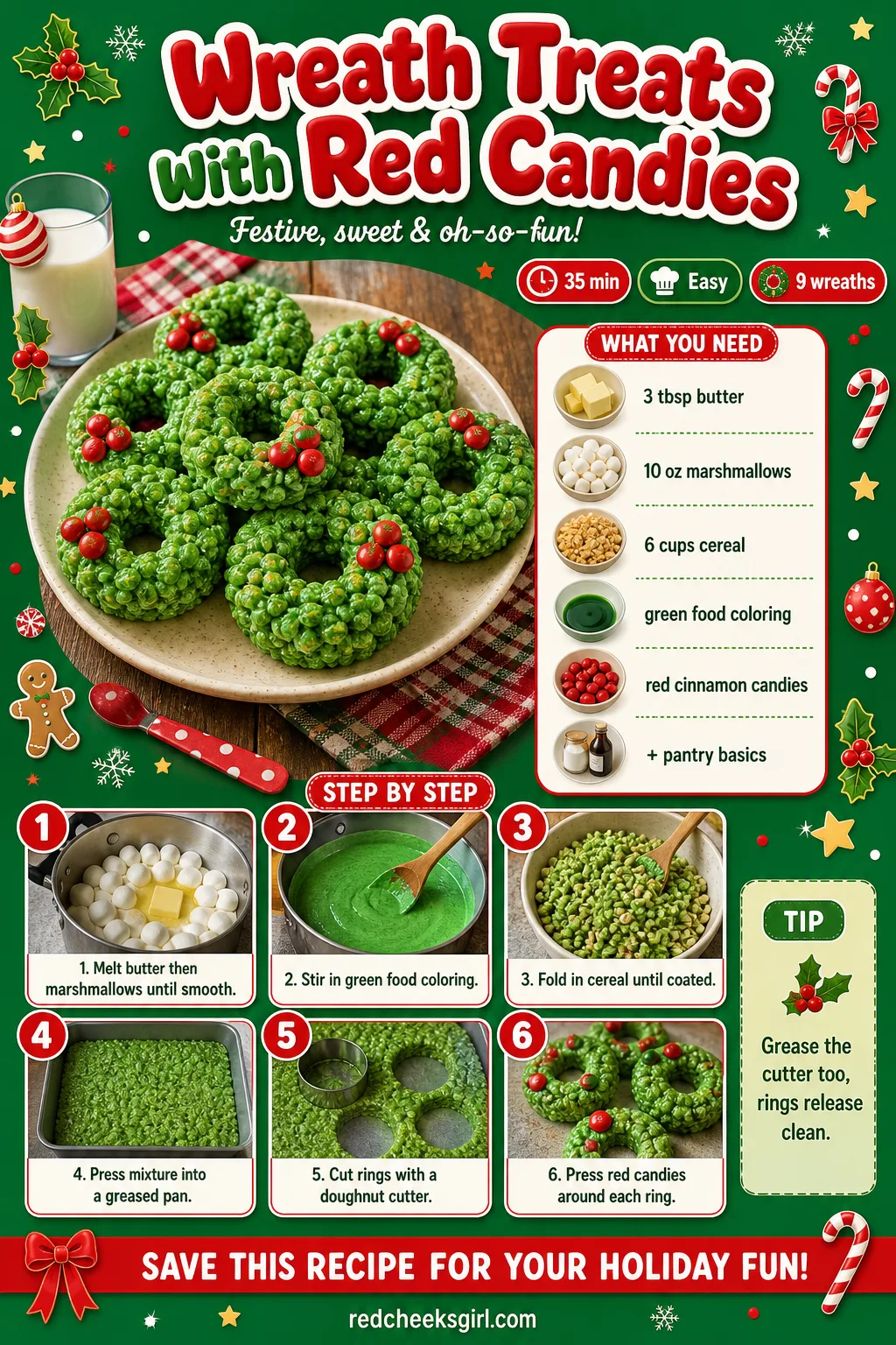 Wreath Treats with Red Candies Recipe Card printable sheet — Printable card for the green wreath-shaped treats. Christmas rice krispie treats